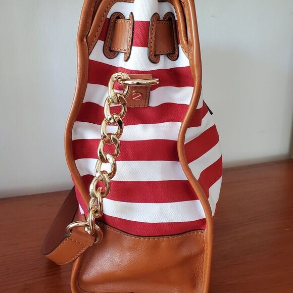 Michael Kors Hamilton Large Leather Canvas Tote Shoulder Bag Red White Striped - Picture 7 of 9